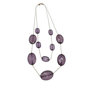 Vintage V Signed Double Strand Purple Glass Beaded Necklace With Gold Tone Chain